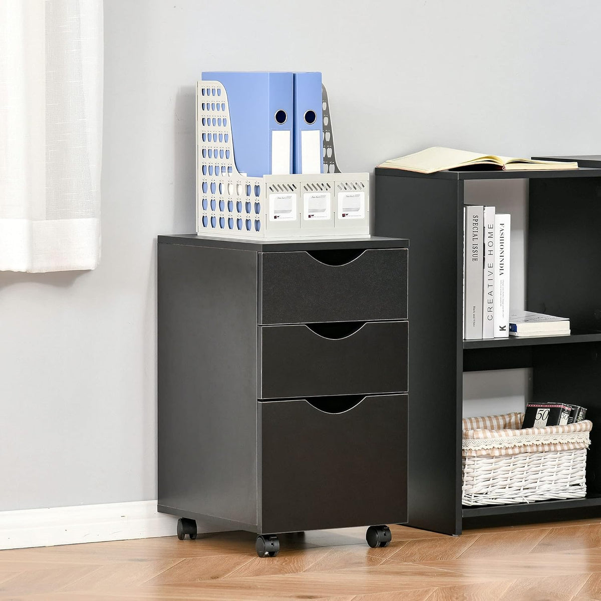 Black 3 Drawer Rolling File Cabinet N831