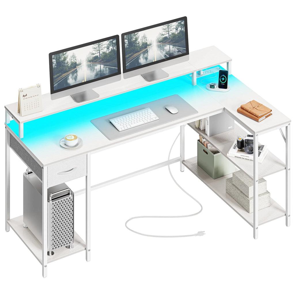 Black L-Shaped Gaming Desk with LED Lights & Power Outlets Z99529