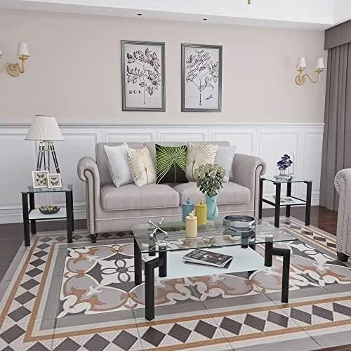 Glass Coffee Table Set of 3 Black Tempered Glass A7504