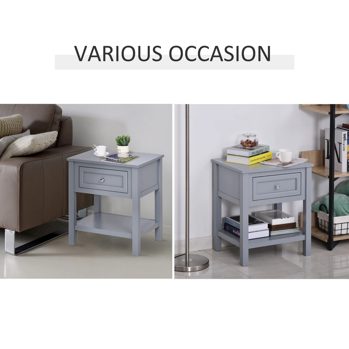 Accent End Table with Gray Tabletop, Storage Drawer, and Bottom Shelf B388