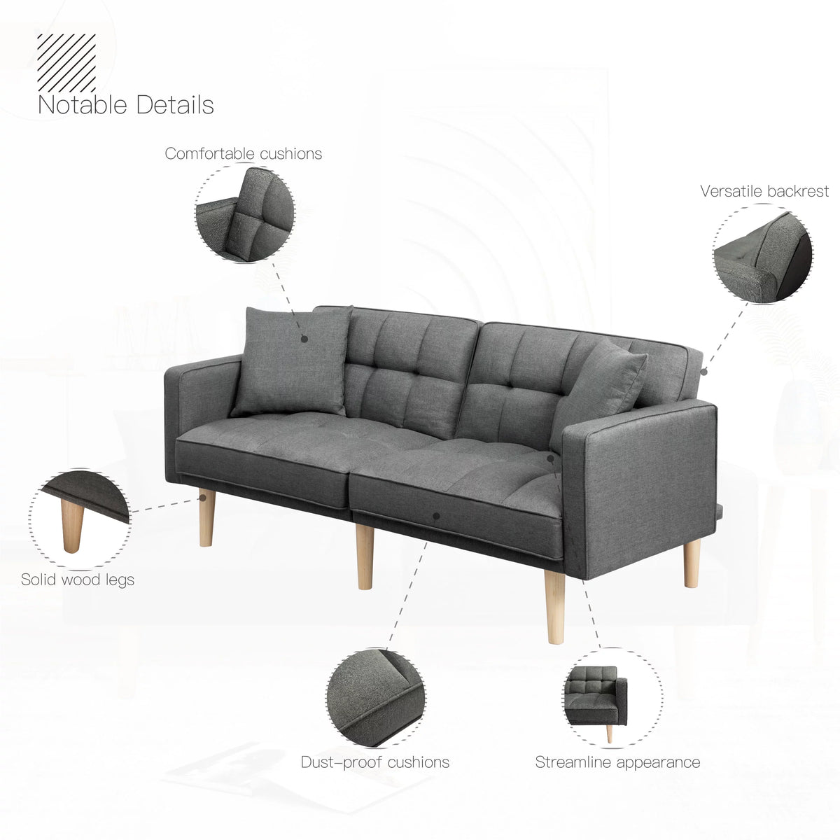 71.3 inch Futon Sofa Bed Convertible Sleeper Couch with 2 Pillows Navy Blue G745535