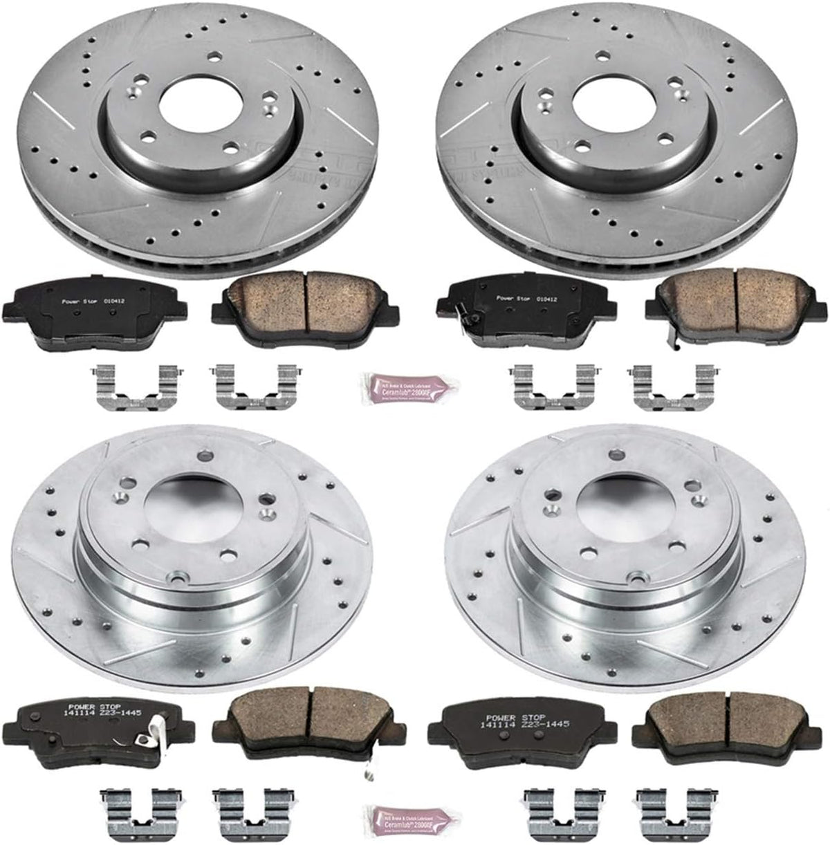 Front and Rear Carbon Fiber Brake Pads with Drilled & Slotted Brake Rotors Kit M8041
