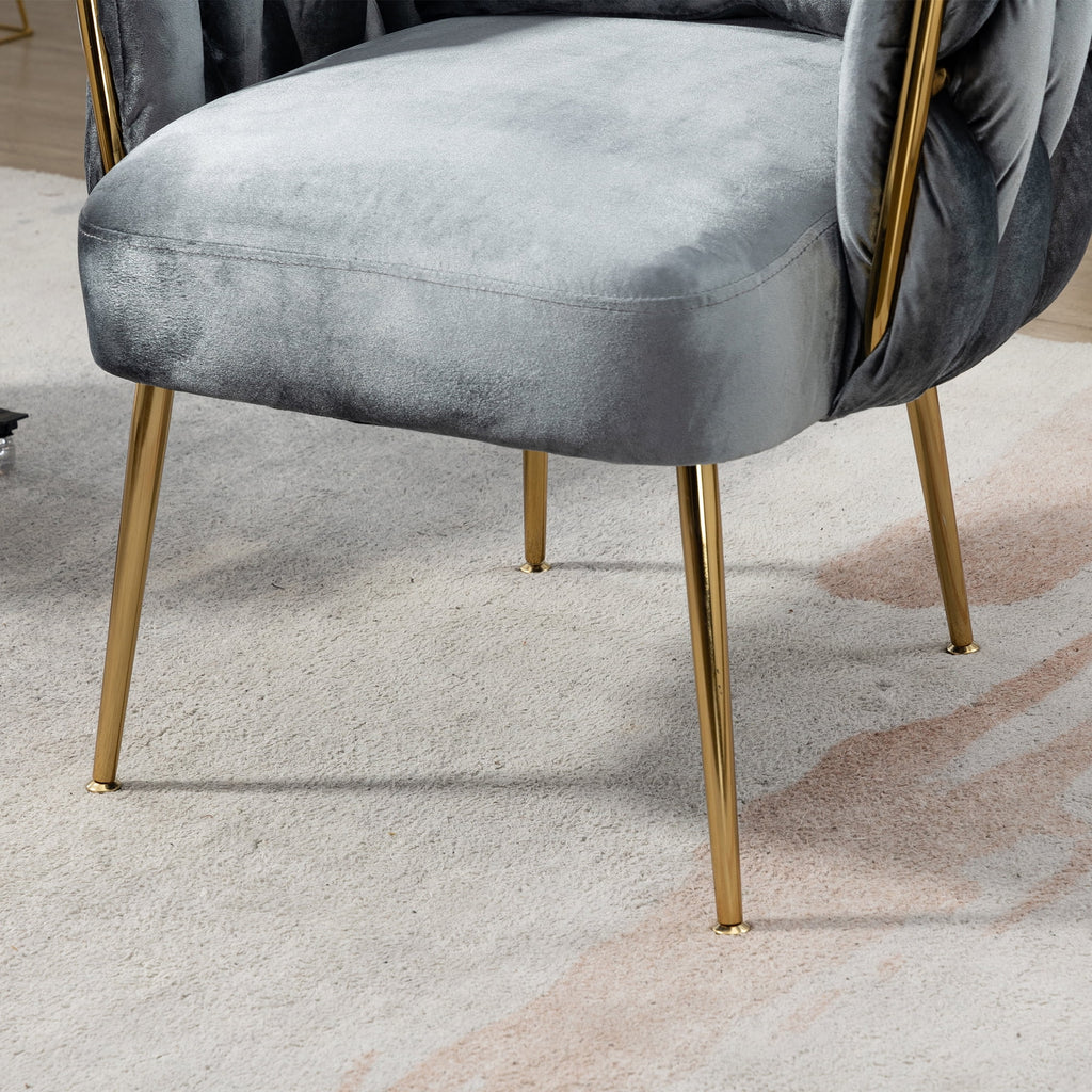 Gray Velvet Upholstered Accent Chair with Gold Metal Leg and Throw Pillow E25795