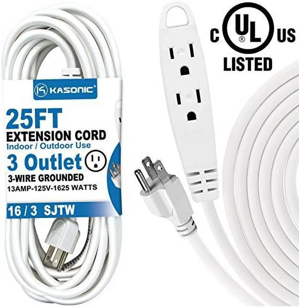 25-Feet 3 Outlet Extension Cord, 16/3 SJTW, 13 Amp 125 V, White H889